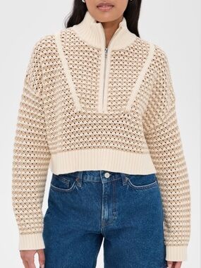 NWT Staud Hampton Striped Crochet Mock Neck Knit Zip Sweater Breeze Crème Tan